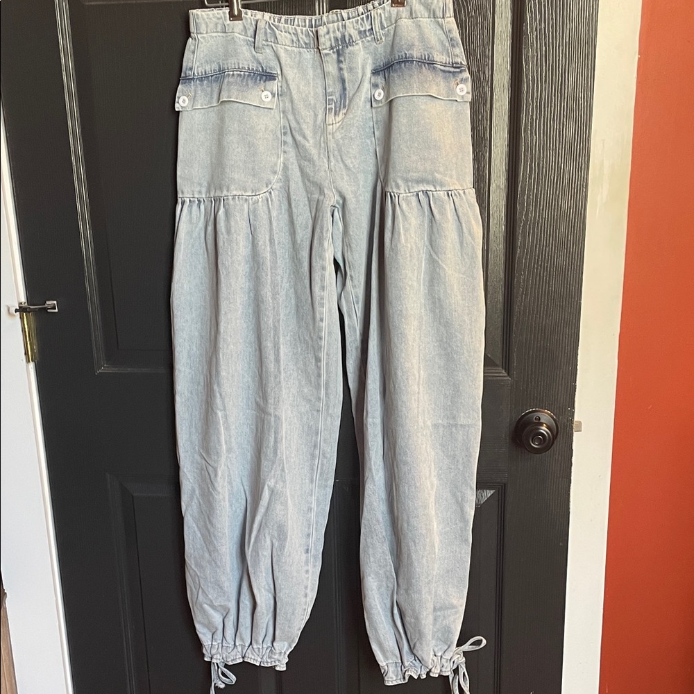 BiBi Light Wash Denim Wide Leg Flare Jeans or joggers w string